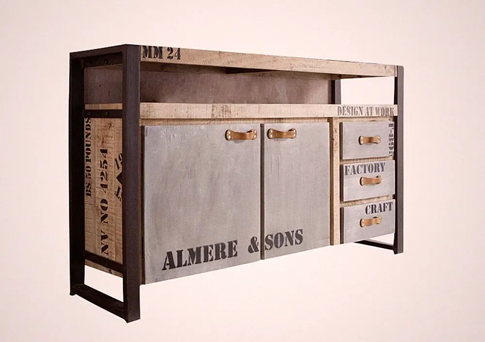 Loft Industrial Style Sideboard Altholz massiv Kommode Anrichte Mehrzweckschrank