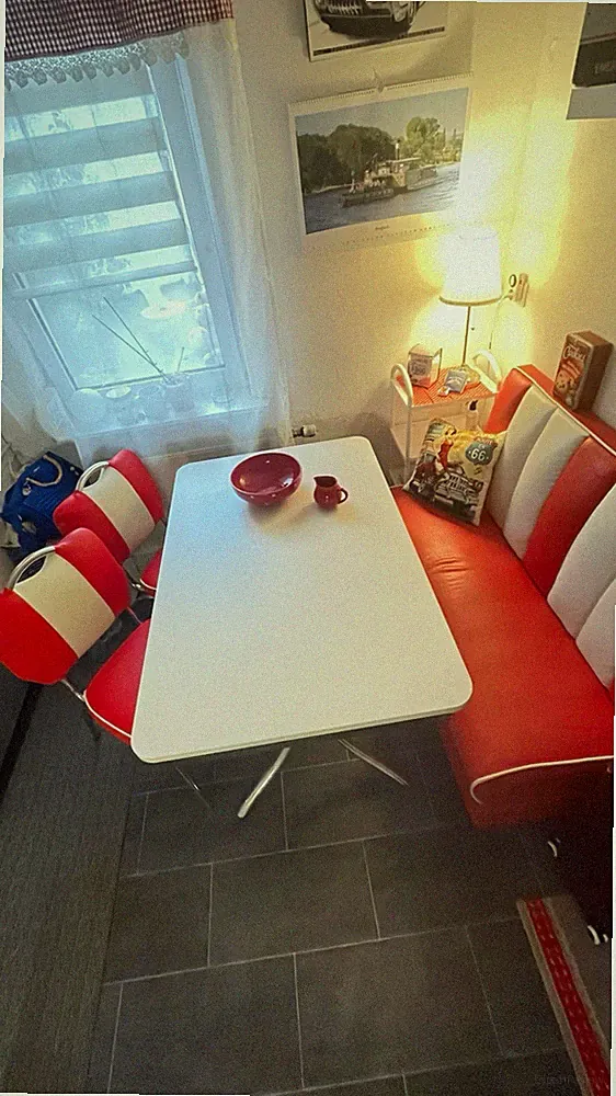 Lomadox American Diner Bistroguppe 6-tlg Tisch 120x80 Sitzbank+Stühle