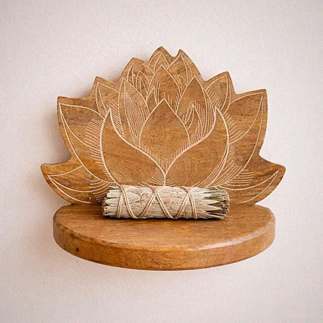 Lotus Wandregal handgeschnitzt weiß getüncht Holz Boho Wanddeko Vitrinenregal 38