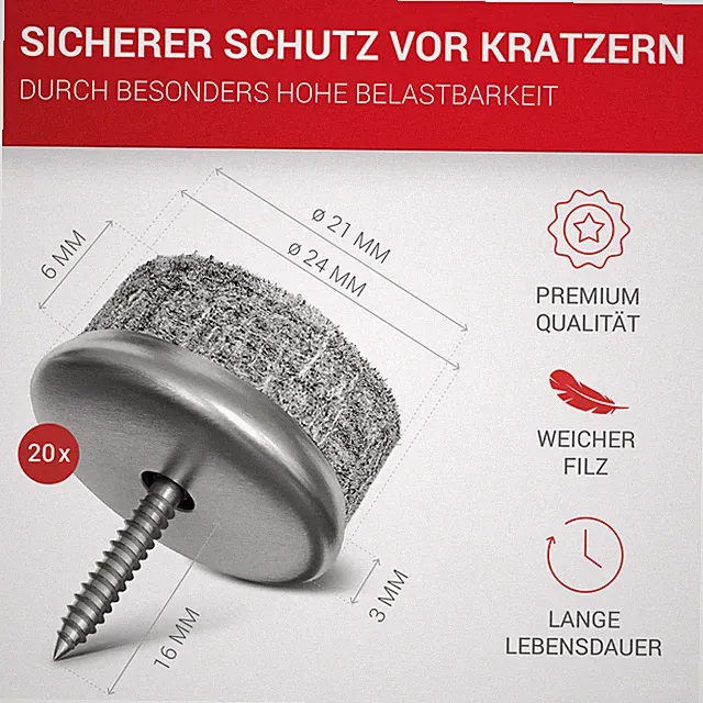 LouMaxx Filzgleiter Schrauben rund, Ø24mm grau mit 6mm dickem Filz