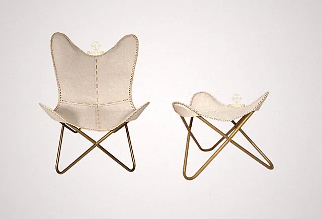 Lounge Chair Mit Ottoman Echtes Leder Eisenbeine Klappbar Creme