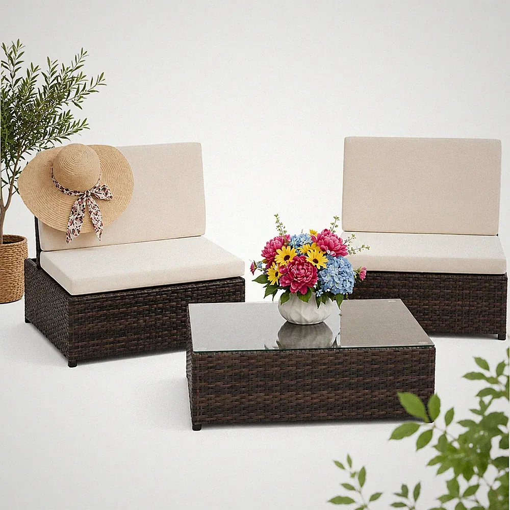 Lounge Gartengarnitur Sitzgruppe 2er Sessel Tisch Sonnenliege Polyrattan braun