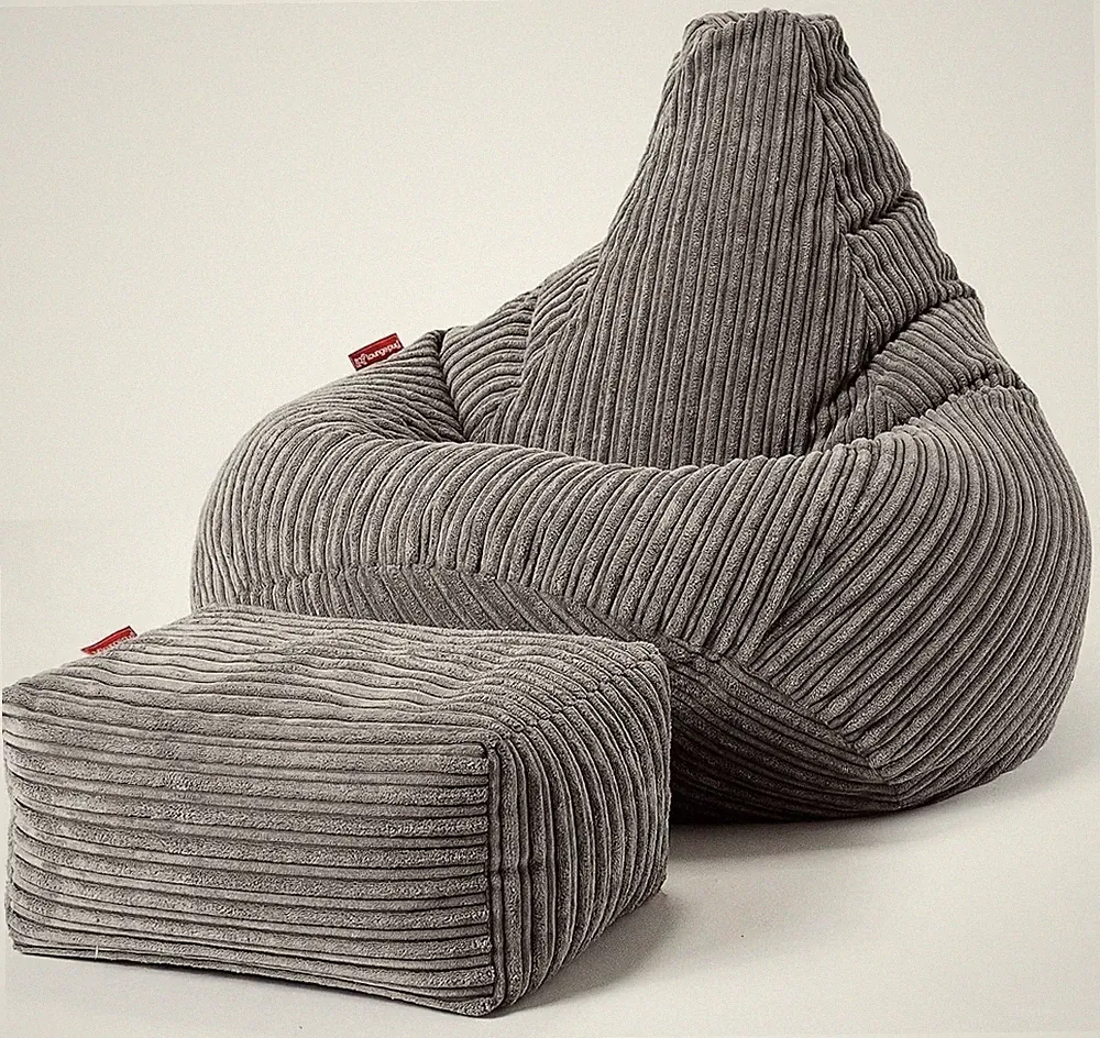 Lounge Pug, Gaming Sitzsack Sessel mit Hocker, Cord Schiefergrau