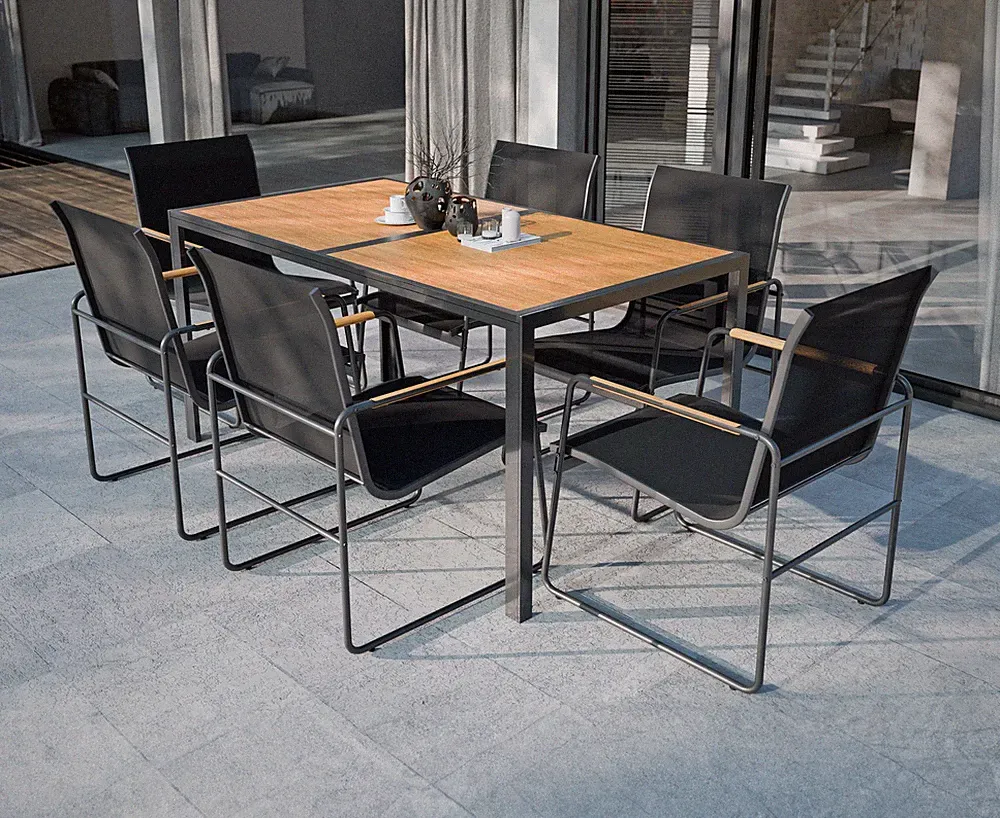Lounge Set 7tlg. Outdoor Gartenlounge Sitzgruppe Sitzbank Esstisch Holzoptik