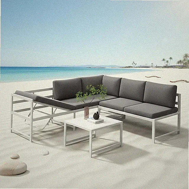 Lounge Sitzgruppe Aluminium Ecksofa mit Liegefunktion Weiß wetterfest Tisch
