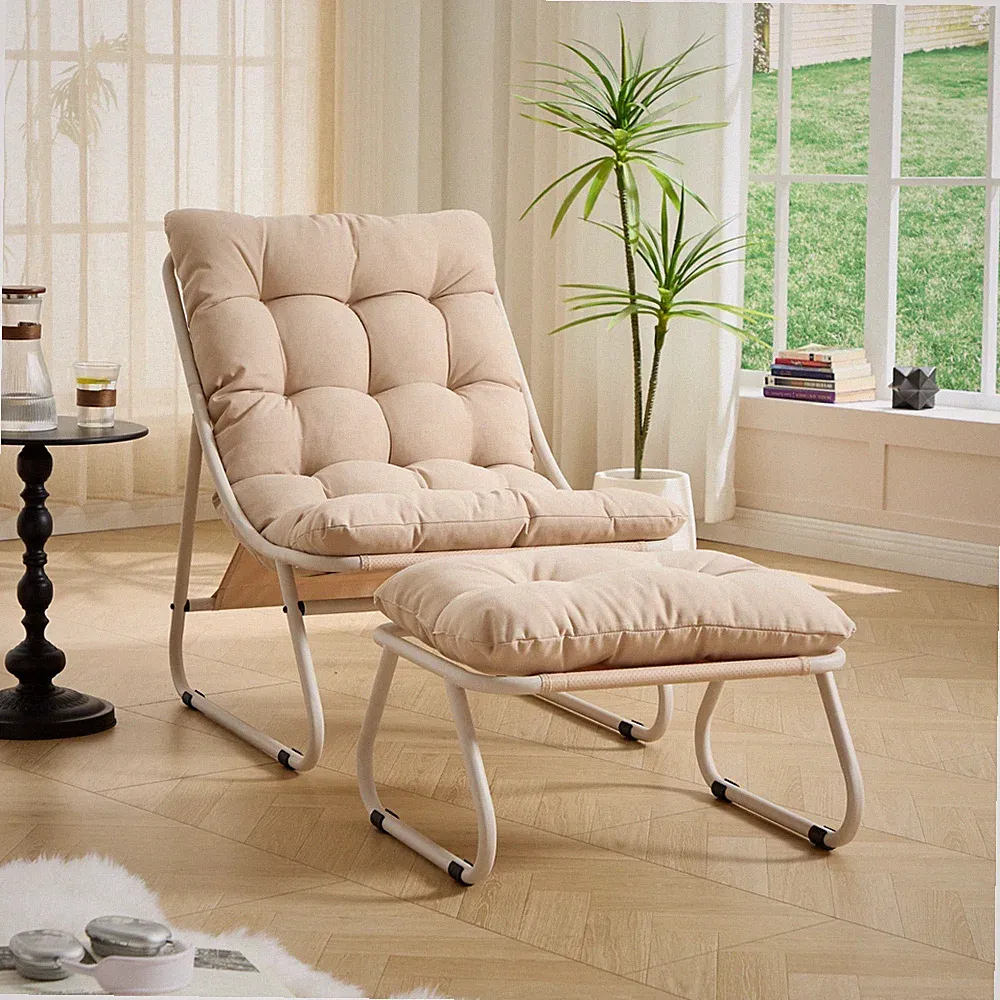 Loungesessel mit Hocker beige dickes Kissen Stahl pulverbeschichtet Outdoor Set