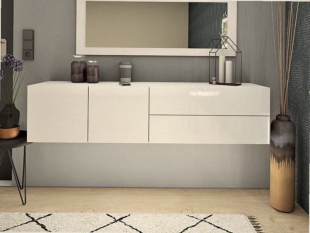 Lowboard 152cm 2-türig Kommode Sideboard Hängeschrank Weiß Hochglanz Sophia