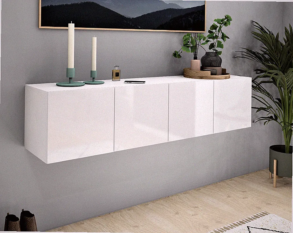 Lowboard 152cm 4 Türen Kommode Hängeschrank Weiß Hochglanz Schwarz VAASA