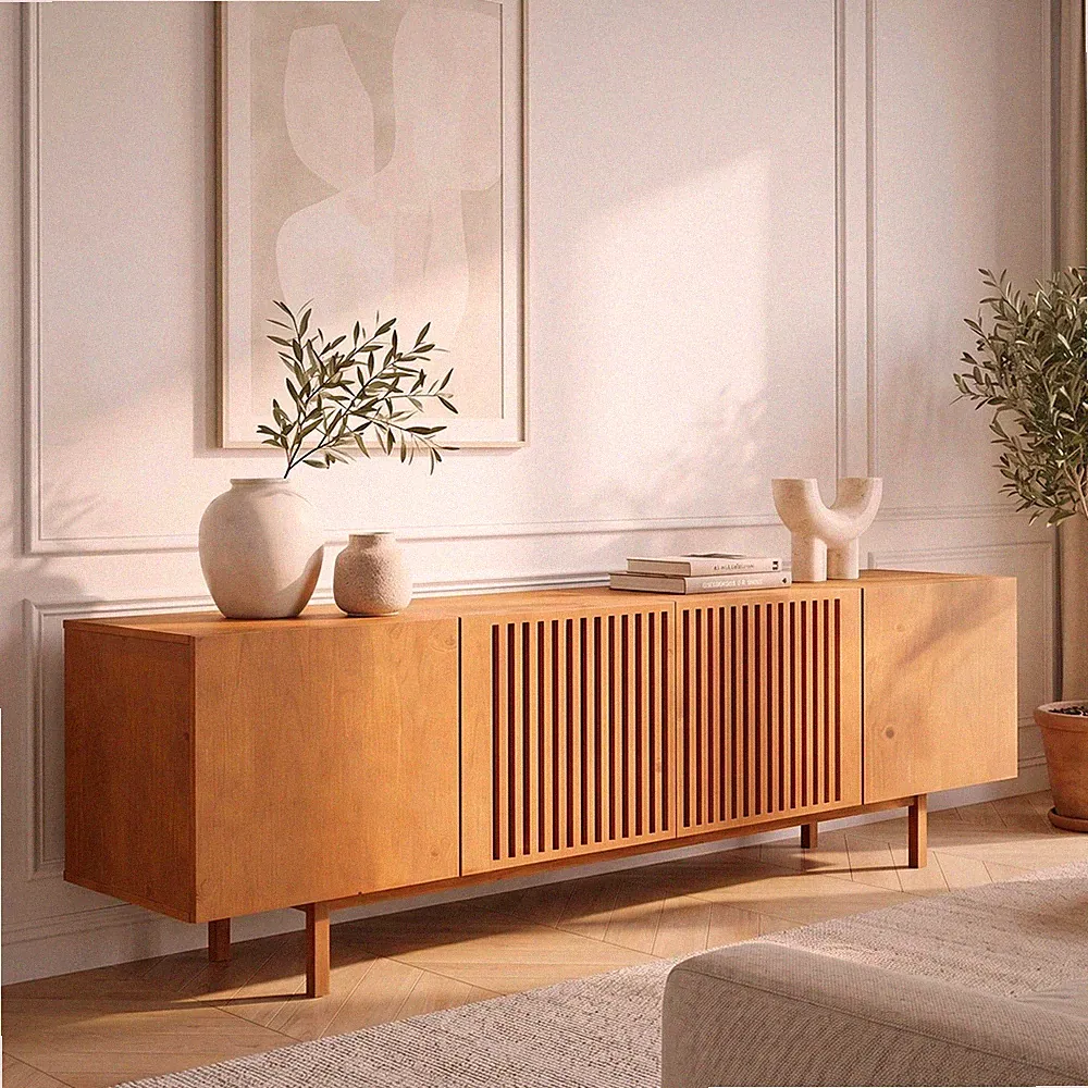 Lowboard 180 cm Sideboard aus Massivholz mit Lamellentüren