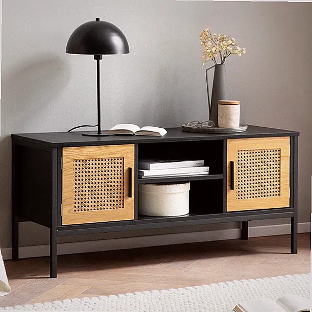 Lowboard FineBuy TV Schrank 110 cm Holz Schwarz Fernsehkommode Wiener Geflecht