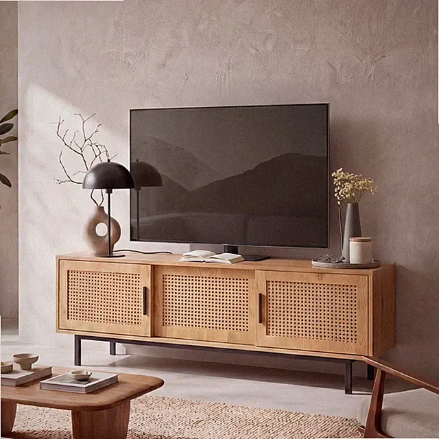Lowboard FineBuy TV Schrank 120 cm Holz Eiche Fernsehkommode Wiener Geflecht