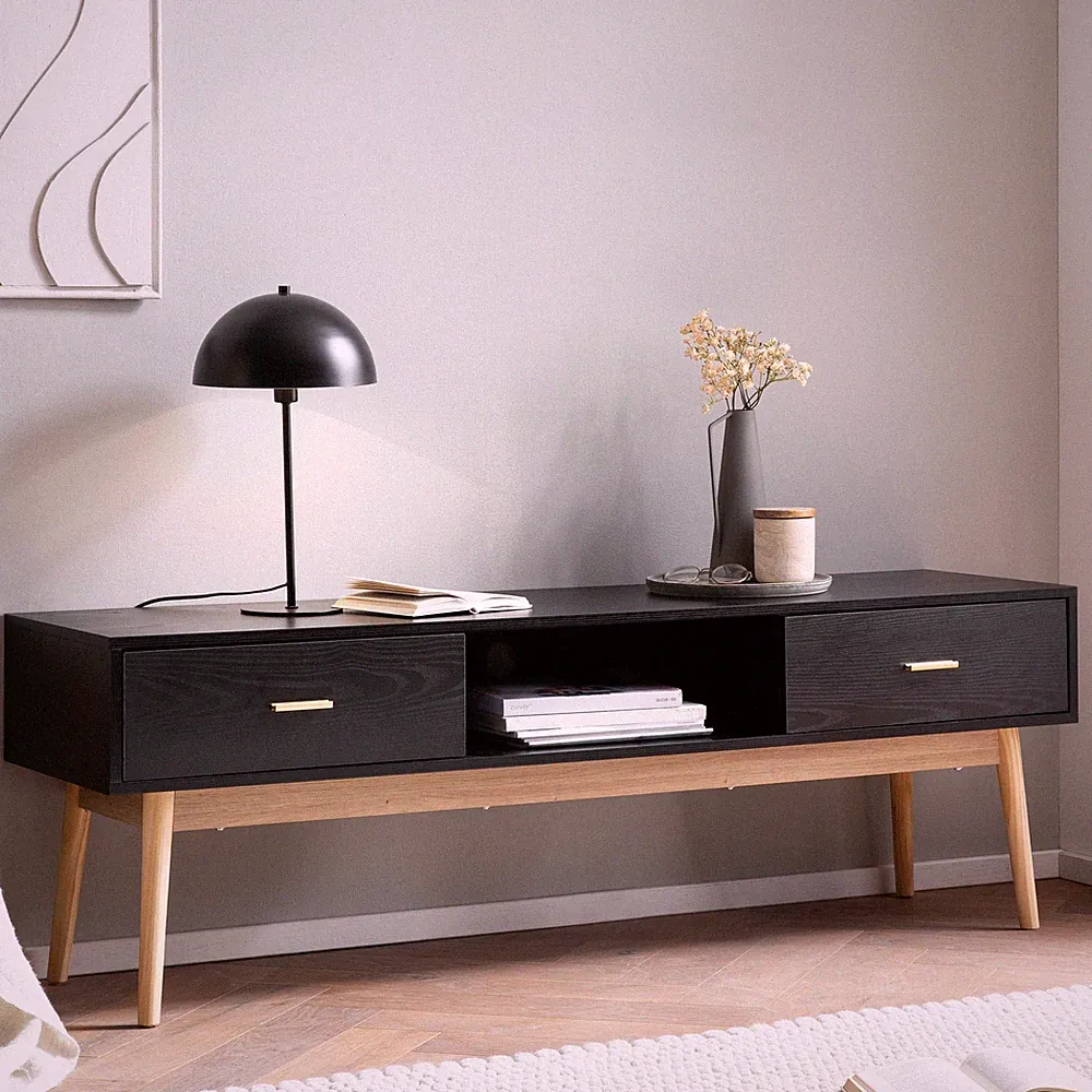 Lowboard FineBuy TV Schrank 150 cm Schwarz Schubladen Fernsehkommode Eiche