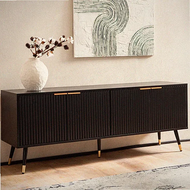 Lowboard FineBuy TV Schrank 150 cm Schwarz Türen Fernsehkommode Eiche Modern