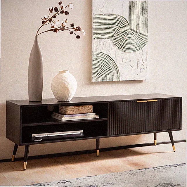 Lowboard FineBuy TV Schrank 150 cm Schwarz Türen Fernsehkommode Eiche Modern