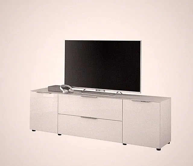 Lowboard TREND 6 weiß, Front und Oberboden aus Glas, Metallgriffe 180 cm breit