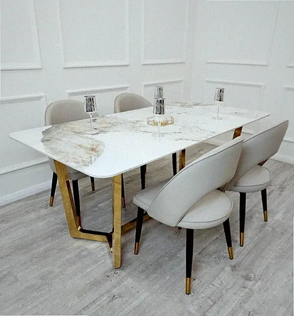 Lucia Luxus Italienischer Esstisch 1,8 m Weiß Marmor Stein Gold NEU