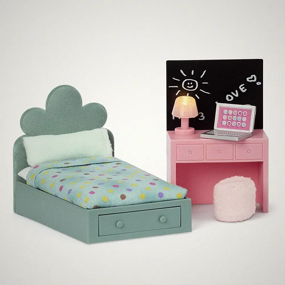 Lundby Puppenhaus Teenager Schlafzimmer Möbel Set Modern Bett & Schreibtisch