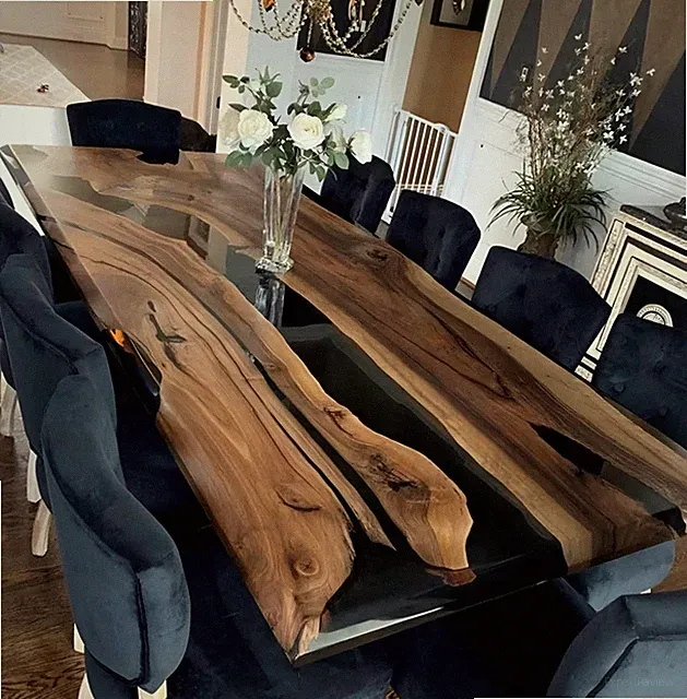 Luxus Esstisch schwarz Epoxy River | Live Edge Massivholz Handarbeit