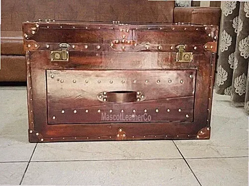 Luxus Leder Kastanienbraun Truhe Tisch Handgefertigt Leder Couchtisch Truhe