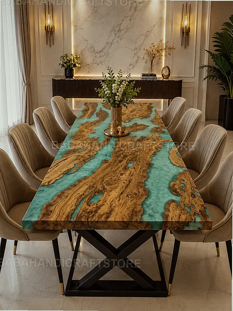 Luxus Live Edge Holz Epoxid River Esstisch Türkis Harz Tischplatte
