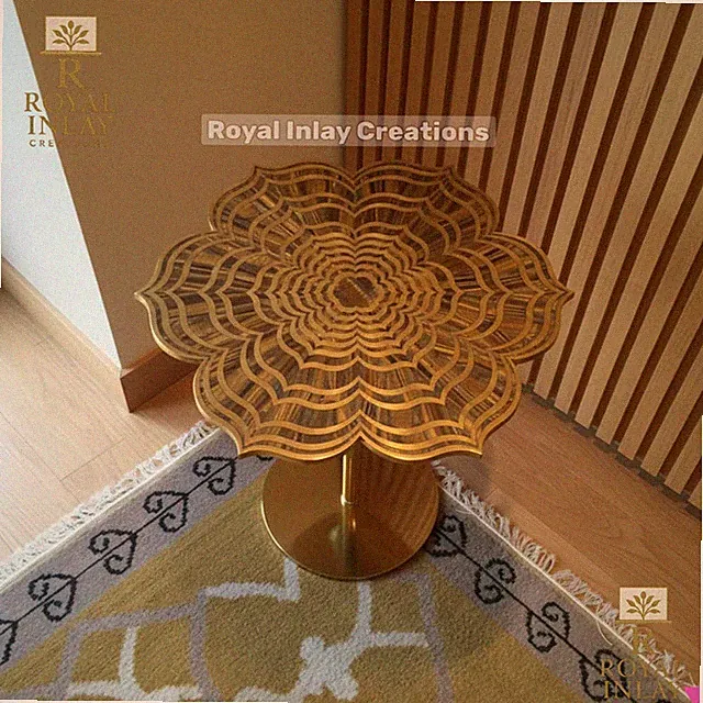 Luxus Messing & Tigerauge Einlage Lotusblume Beistelltischplatte Art Deco