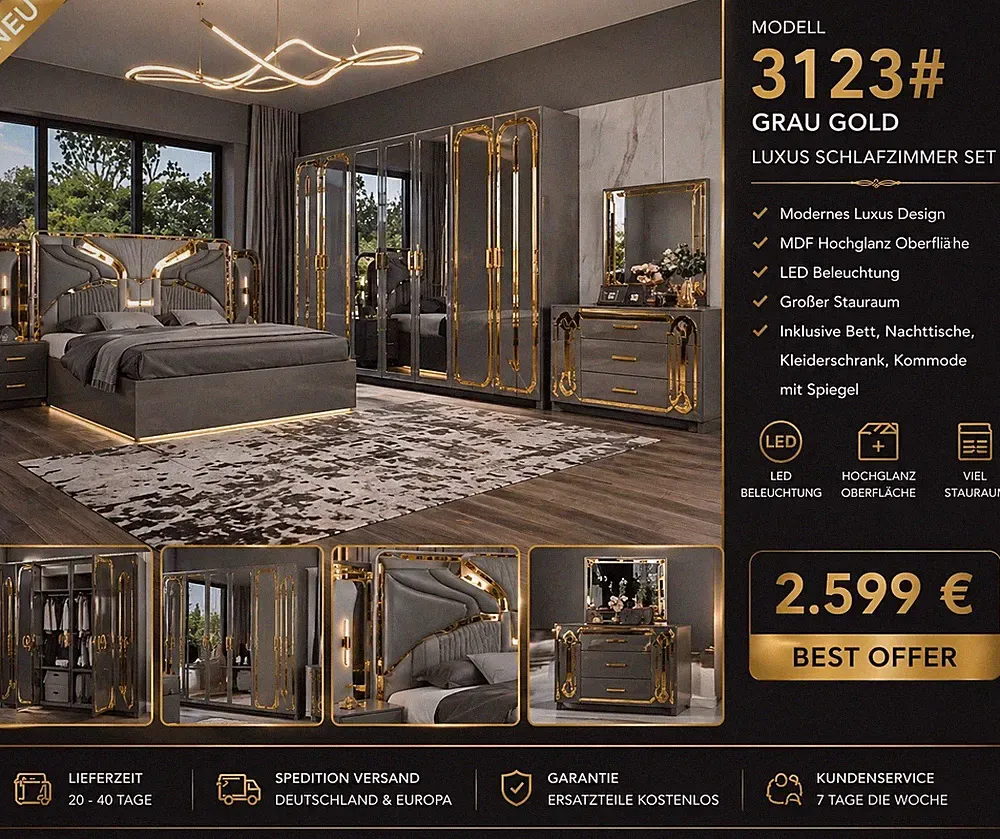 Luxus Schlafzimmer Set Grau Gold LED Modern Komplett