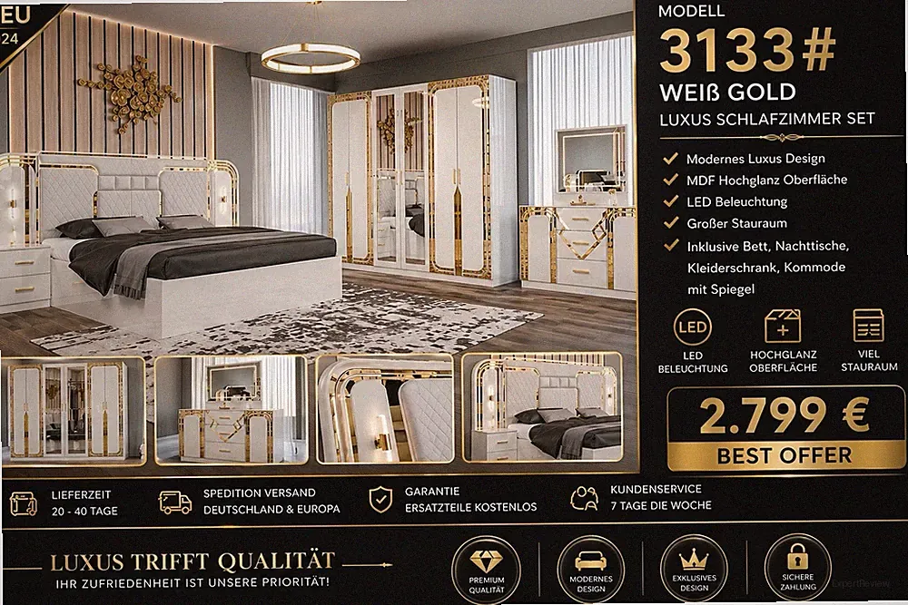 Luxus Schlafzimmer Set Weiß Gold Hochglanz LED Komplett