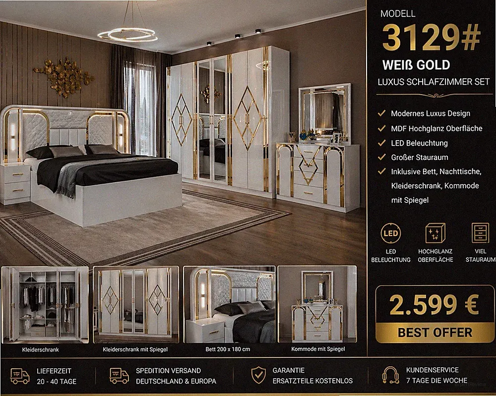 Luxus Schlafzimmer Set Weiß Gold LED Komplett Bett Kleiderschrank Kommode