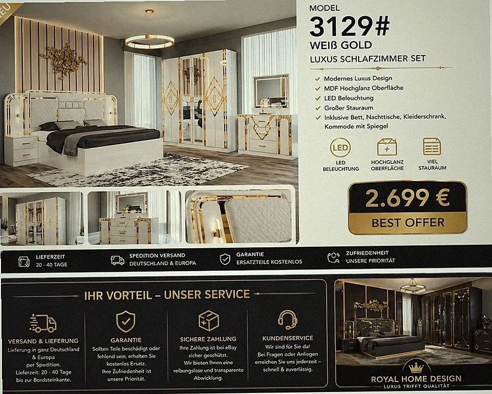 Luxus Schlafzimmer Set Weiß Gold LED Komplett Bett Kleiderschrank Kommode NEU