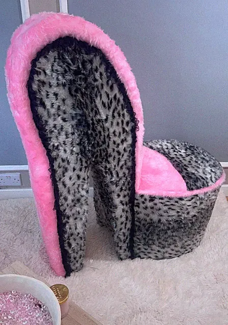 Luxus Schnee Gepard & Baby Rosa Kunstfell High Heel Schuh Stuhl | Handmade Glam