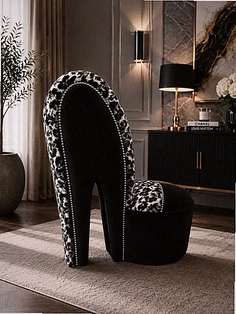 Luxus Schwarz Plüsch & Schnee Leopardenmuster High Heel Schuh Stuhl | Glam Statement