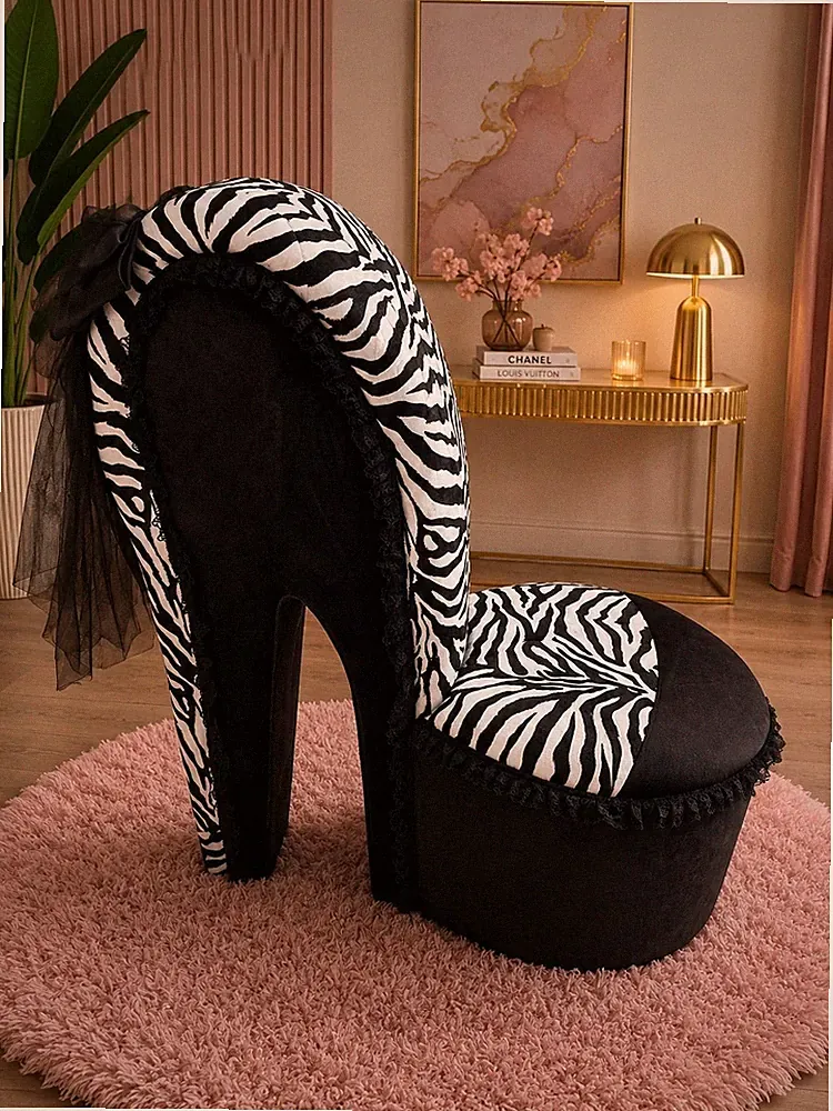 Luxus Schwarz & Zebramuster High Heel Schuh Stuhl mit Spitze & Schleife | Glam Statement