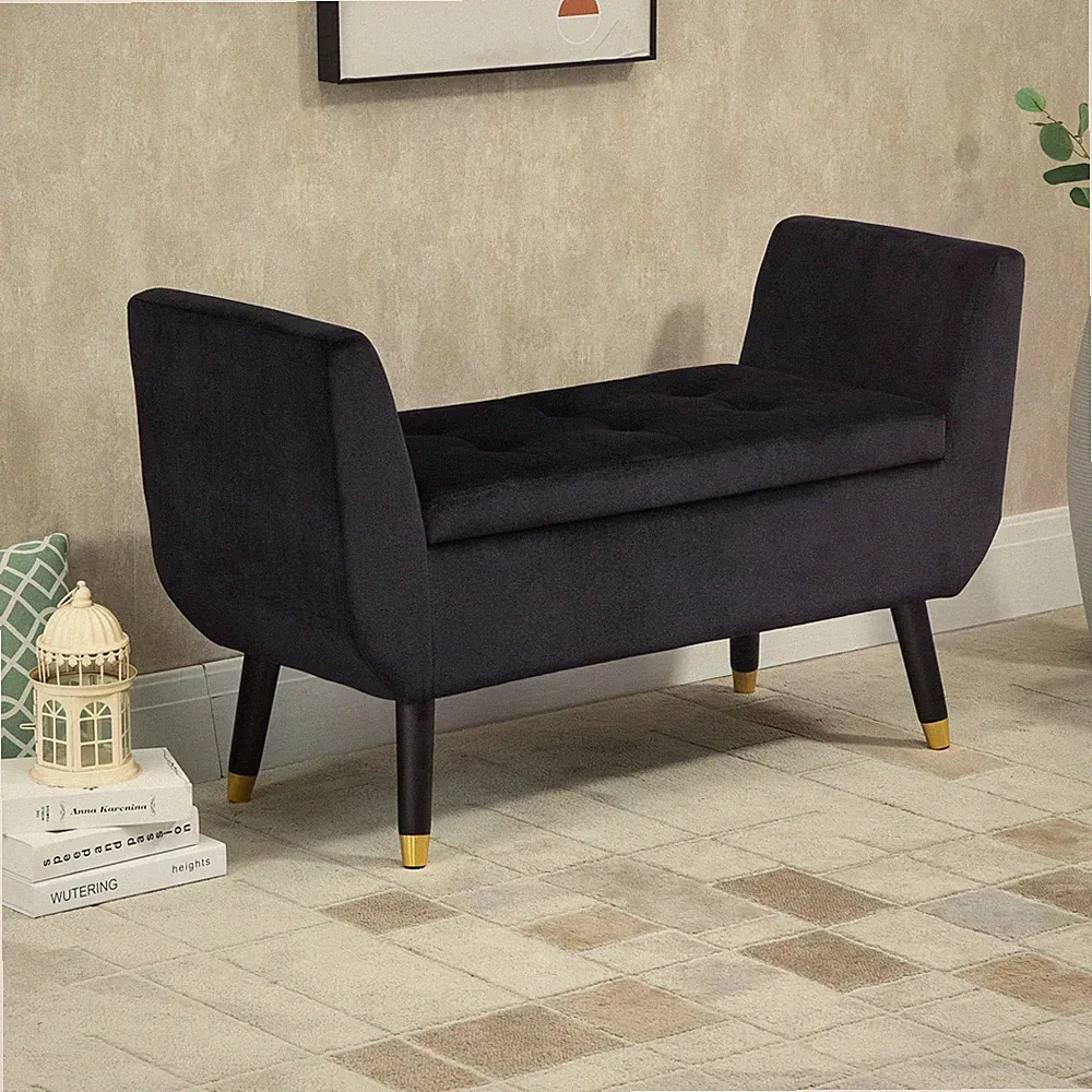 Luxus Sitzbank Polsterbank mit Stauraum Armlehnen Polyester Holz Refurbished
