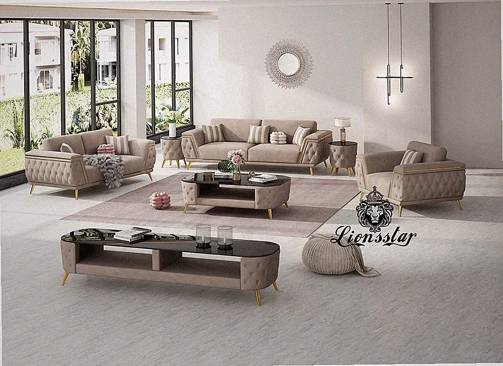 Luxus Sofa Set Beige/Gold 3+2+1+1 – ohne Tisch & Deko