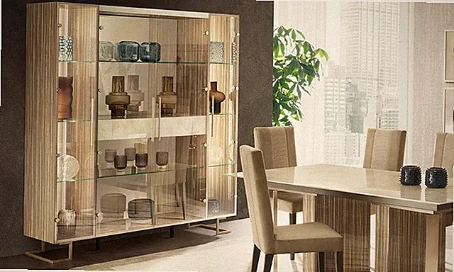 Luxus Vitrinenschrank Glasvitrine LED 4-Türig Innenfach Marmoreffekt Hochglanz