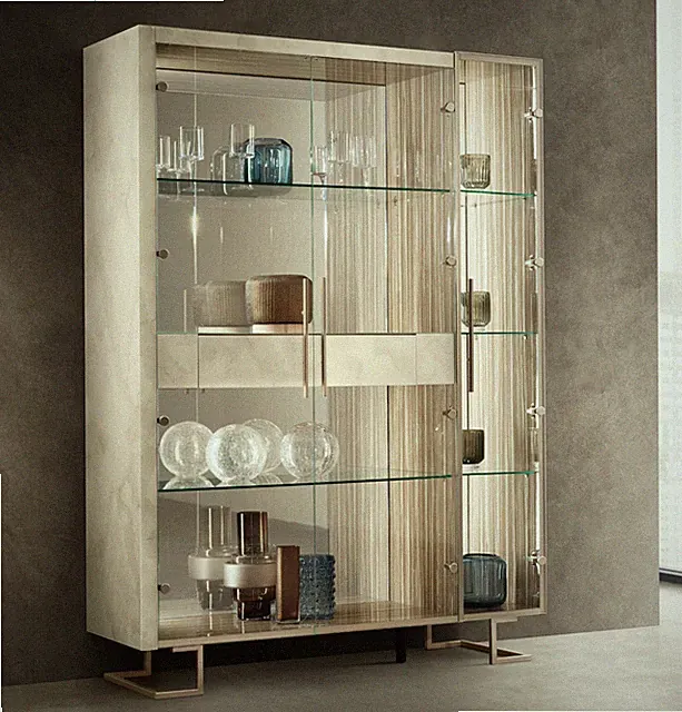 Luxus Vitrinenschrank Glasvitrine LED Innenfach Beige Marmoreffekt Hochglanz
