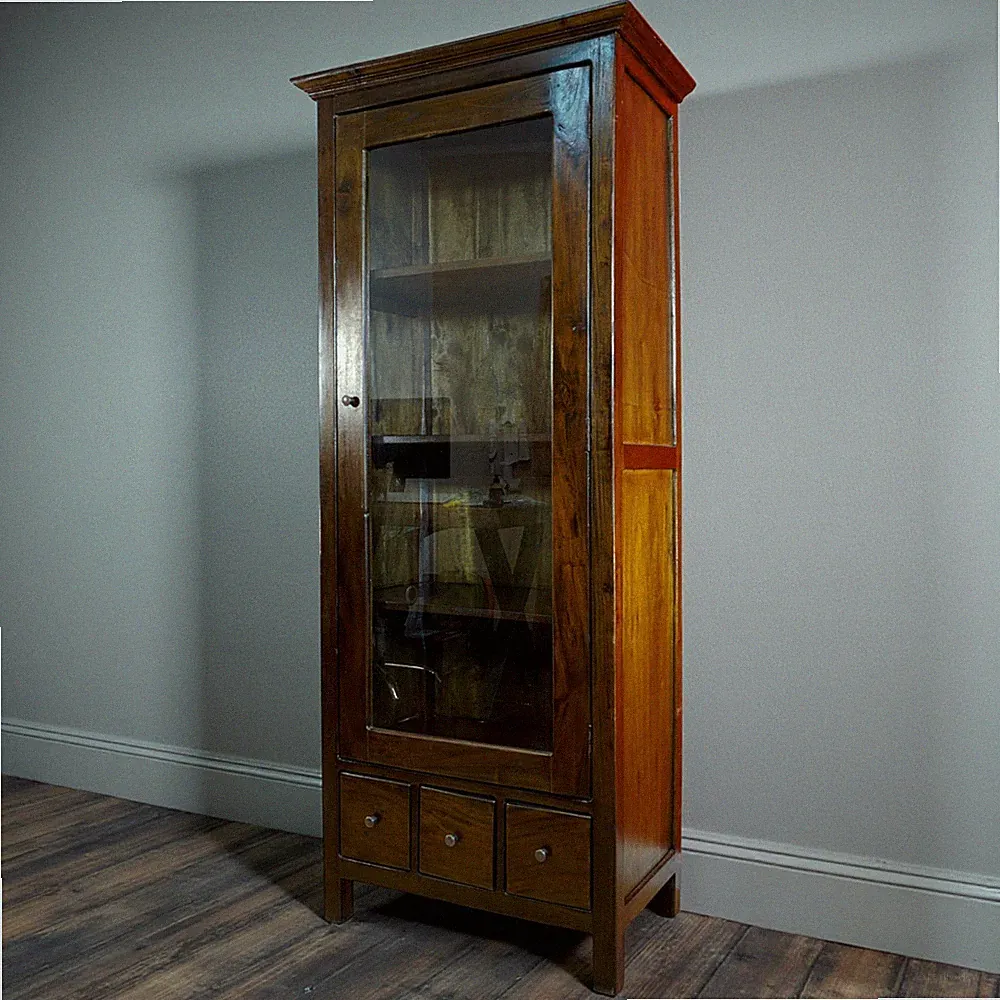 Mahagoni Vitrine Massivholz Glasfront 180cm Indonesien Kolonialstil Highboard