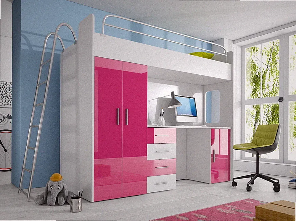 MAJA 4D Hochbett Etagenbet Schreibtisch, Kleiderschrank Kinderbett inkl.Matratze