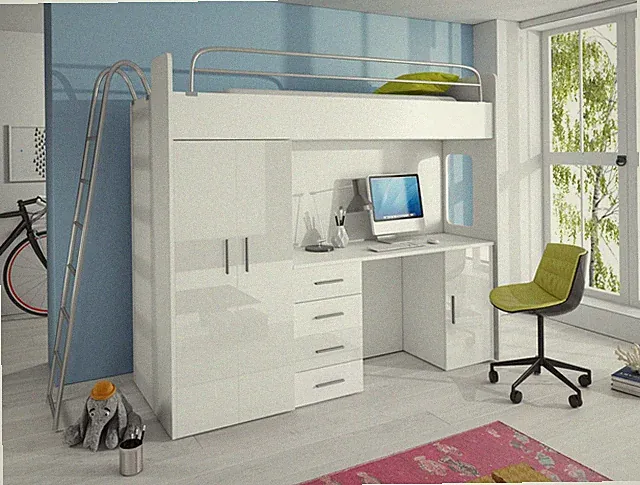 MAJA 4D - Hochglanz, Hochbett mit Schreibtisch, Kleiderschrank, Leiter