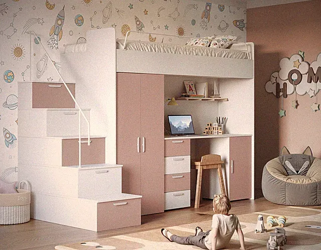 MAJA 4S Hochbett, Etagenbett mit Kleiderschrank, Schreibtisch, Lattenrost