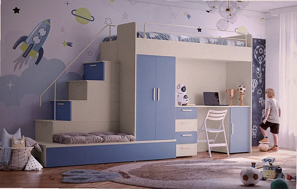 MAJA 5 Set für Kinderzimmer mit Etagenbett, 2 Schlafplätze, Schreibtisch und Kle