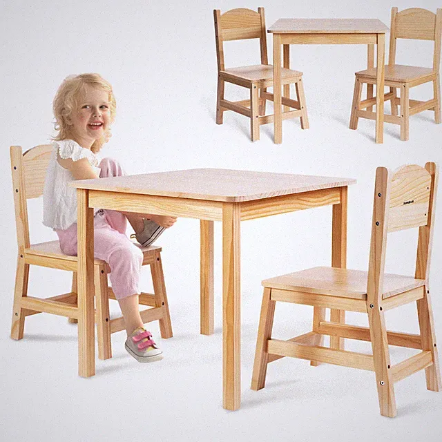 Mamabrum Kindertisch mit 2 Stühlen aus Kiefernholz 60 x 50 cm Natur ab 3 Jahren