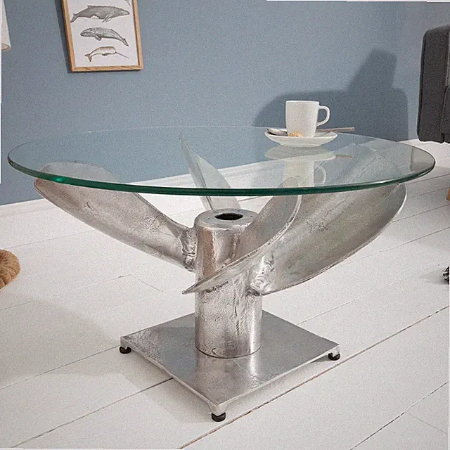 Maritimer Couchtisch OCEAN M 60cm silber antik rund Schiffsschraube Glasplatte