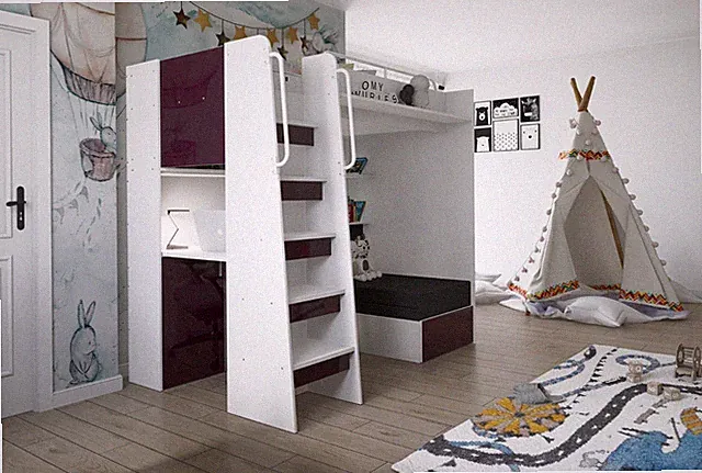 Marlux-Meble Hochbett JSM-7 Glanz Treppe mit Schreibtisch Schränke und Sofa