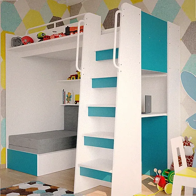 Marlux-Meble Hochbett JSM-7 Matt Treppe mit Schreibtisch Schränke und Sofa
