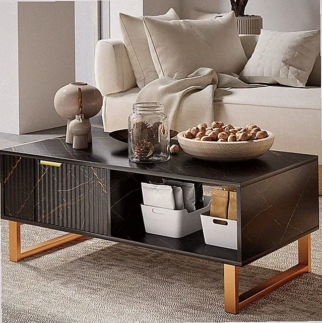 Marmor Optik Couchtisch Aufbewahrung Schublade Regale Gold Akzente Modern Lounge