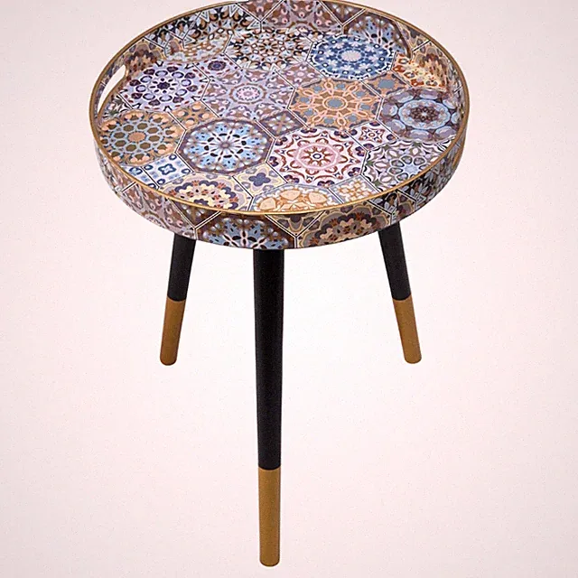Marokkanischer Mosaik Rund Beistelltisch Tablettplatte Holz Schwarz Beine Boho Couchtisch
