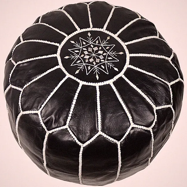 Marokkanisches Orientalisches Leder Sitzkissen Handmade Pouf Ottoman Schwarz