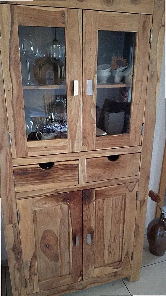 massive Vitrine moder aus Sheesham Echtholz Highboard m. Glastür u. Glasboden