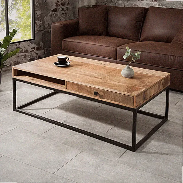 Massiver Couchtisch IRON CRAFT 100cm Mangoholz Schublade schwarzes Metallgestell